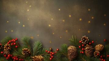 Christmas stone background with snow fir tree, gift box and decor. Top view with copy space photo