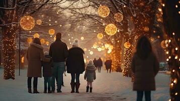 Family, parents and children in a beautiful winter garden with Christmas lights on the trees in the evening photo