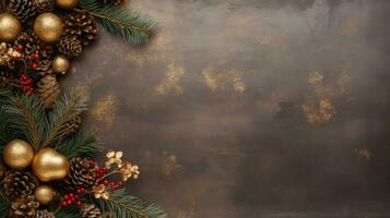 Christmas stone background with snow fir tree, gift box and decor. Top view with copy space photo