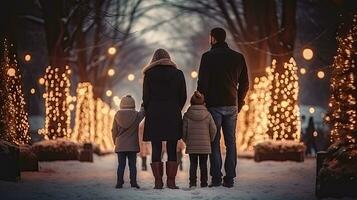 Family, parents and children in a beautiful winter garden with Christmas lights on the trees in the evening photo