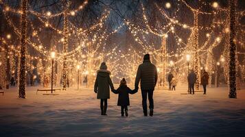 Family, parents and children in a beautiful winter garden with Christmas lights on the trees in the evening photo