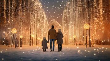 Family, parents and children in a beautiful winter garden with Christmas lights on the trees in the evening photo