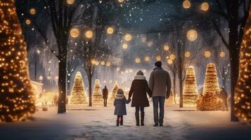 familia, padres y niños en un hermosa invierno jardín con Navidad luces en el arboles en el noche foto