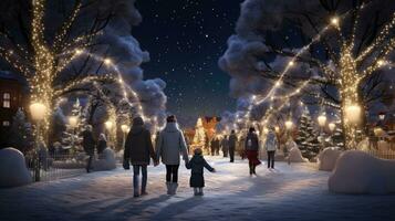 familia, padres y niños en un hermosa invierno jardín con Navidad luces en el arboles en el noche foto