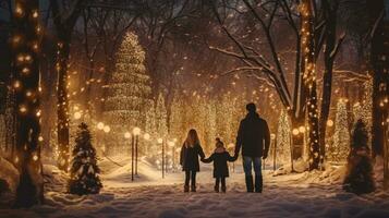 familia, padres y niños en un hermosa invierno jardín con Navidad luces en el arboles en el noche foto