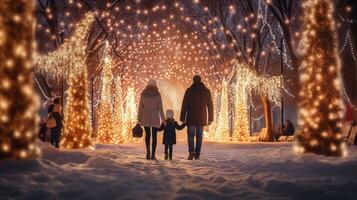 familia, padres y niños en un hermosa invierno jardín con Navidad luces en el arboles en el noche foto