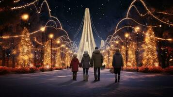 familia, padres y niños en un hermosa invierno jardín con Navidad luces en el arboles en el noche foto