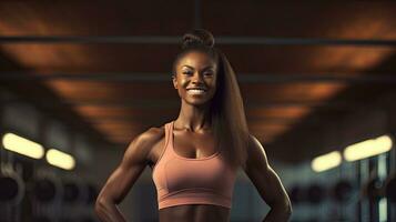 Black woman fitness, beautiful Afro-American woman with curly hair in the gym African fitness woman at health club photo