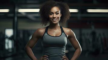 Black woman fitness, beautiful Afro-American woman with curly hair in the gym African fitness woman at health club photo