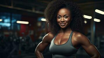 Black woman fitness, beautiful Afro-American woman with curly hair in the gym African fitness woman at health club photo