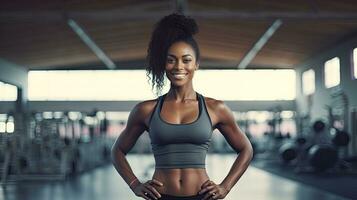 Black woman fitness, beautiful Afro-American woman with curly hair in the gym African fitness woman at health club photo