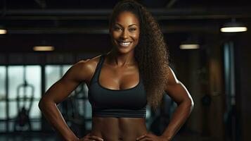 negro mujer aptitud física, hermosa afroamericano mujer con Rizado pelo en el gimnasio africano aptitud mujer a salud club foto