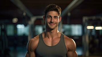 Handsome young man with strong fitness Show off your 6-pack abs in the gym. photo