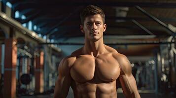 Handsome young man with strong fitness Show off your 6-pack abs in the gym. photo