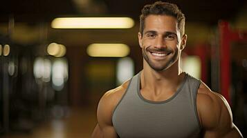 Handsome young man with strong fitness Show off your 6-pack abs in the gym. photo