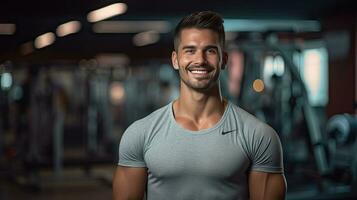 Handsome young man with strong fitness Show off your 6-pack abs in the gym. photo