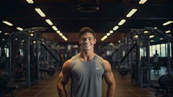 hermoso joven hombre con fuerte aptitud espectáculo apagado tu paquete de 6 unidades abdominales en el gimnasia. foto