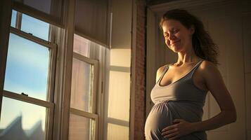 A pregnant woman stood smiling in the corner of the window with light streaming through the window. photo