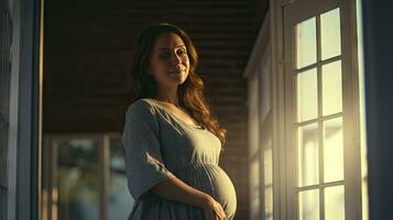 A pregnant woman stood smiling in the corner of the window with light streaming through the window. photo