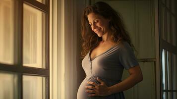 A pregnant woman stood smiling in the corner of the window with light streaming through the window. photo