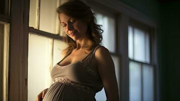 A pregnant woman stood smiling in the corner of the window with light streaming through the window. photo