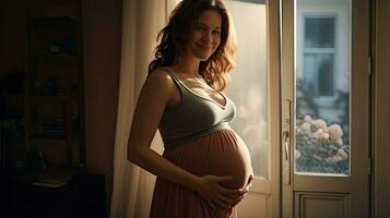 A pregnant woman stood smiling in the corner of the window with light streaming through the window. photo