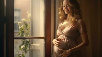 A pregnant woman stood smiling in the corner of the window with light streaming through the window. photo