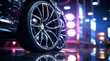 Closeup of beautiful alloy wheels of an expensive supercar. In the sports car sales center photo