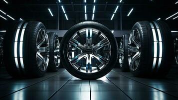 Closeup of beautiful alloy wheels of an expensive supercar. In the sports car sales center photo