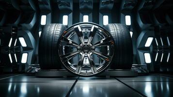 Closeup of beautiful alloy wheels of an expensive supercar. In the sports car sales center photo
