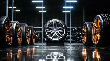 Closeup of beautiful alloy wheels of an expensive supercar. In the sports car sales center photo