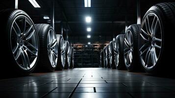 Closeup of beautiful alloy wheels of an expensive supercar. In the sports car sales center photo