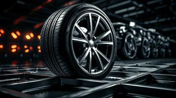 Closeup of beautiful alloy wheels of an expensive supercar. In the sports car sales center photo