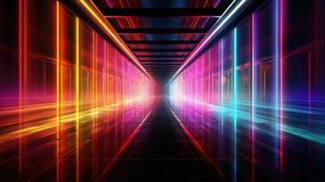 3D rendering, neon ultraviolet square portal, glow lines, tunnel, walkway, purple, arch, laser show. photo