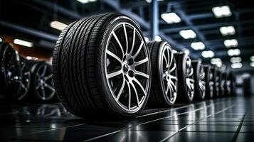 Closeup of beautiful alloy wheels of an expensive supercar. In the sports car sales center photo