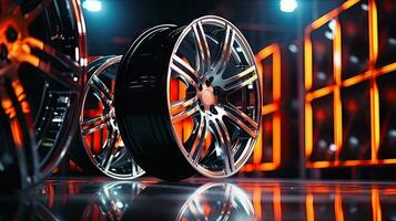 Closeup of beautiful alloy wheels of an expensive supercar. In the sports car sales center photo