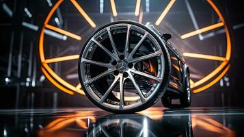 Closeup of beautiful alloy wheels of an expensive supercar. In the sports car sales center photo