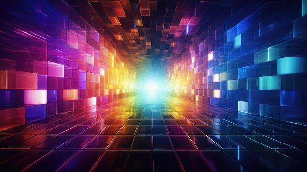 3D rendering, neon ultraviolet square portal, glow lines, tunnel, walkway, purple, arch, laser show. photo