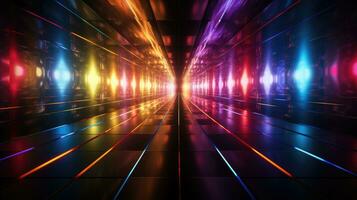 3D rendering, neon ultraviolet square portal, glow lines, tunnel, walkway, purple, arch, laser show. photo