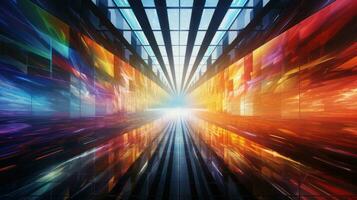 3D rendering, neon ultraviolet square portal, glow lines, tunnel, walkway, purple, arch, laser show. photo