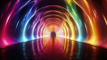 3D rendering, neon ultraviolet square portal, glow lines, tunnel, walkway, purple, arch, laser show. photo