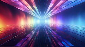 3D rendering, neon ultraviolet square portal, glow lines, tunnel, walkway, purple, arch, laser show. photo