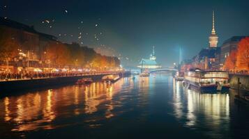 alto ángulo ver de dusseldorf festival noche ver a lo largo el río foto