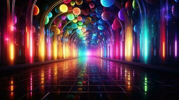 3D rendering, neon ultraviolet square portal, glow lines, tunnel, walkway, purple, arch, laser show. photo