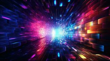 3D rendering, neon ultraviolet square portal, glow lines, tunnel, walkway, purple, arch, laser show. photo