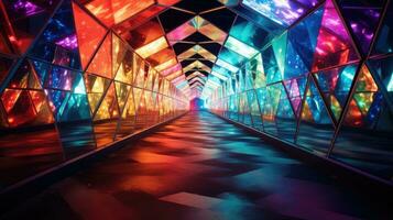 3d representación, neón ultravioleta cuadrado portal, resplandor líneas, túnel, pasarela, púrpura, arco, láser espectáculo. foto