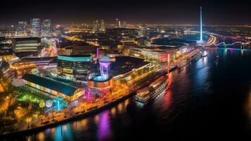 alto ángulo ver de dusseldorf festival noche ver a lo largo el río foto