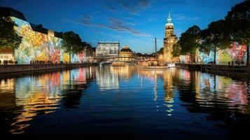 alto ángulo ver de dusseldorf festival noche ver a lo largo el río foto