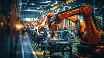 View of industrial robots in an automobile assembly plant photo