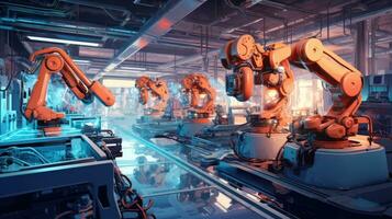 View of industrial robots in an automobile assembly plant photo